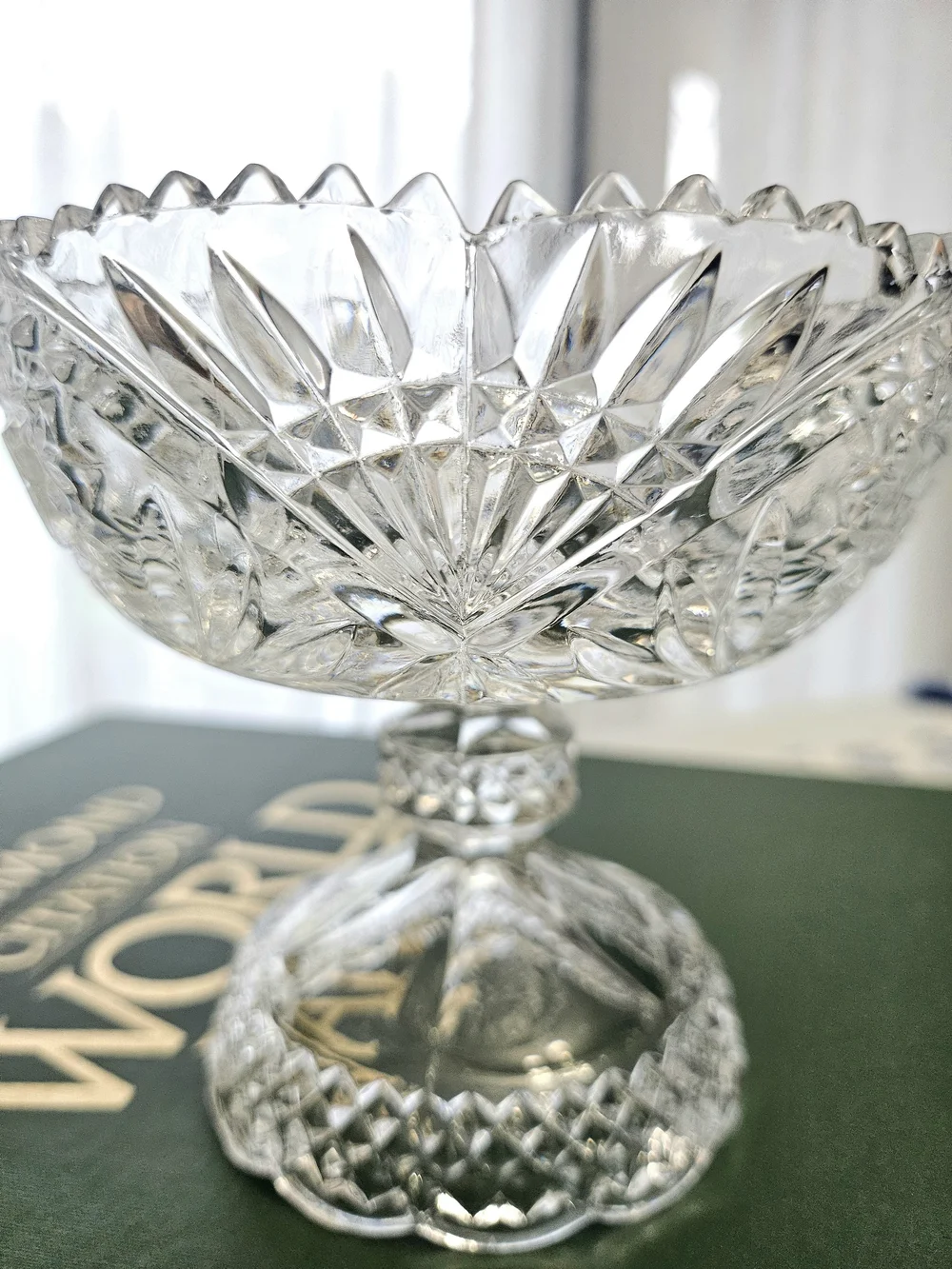 VINTAGE Pressed Crystal Glass Pedestal Candy Dish Sawtooth Rim Compote Bowl